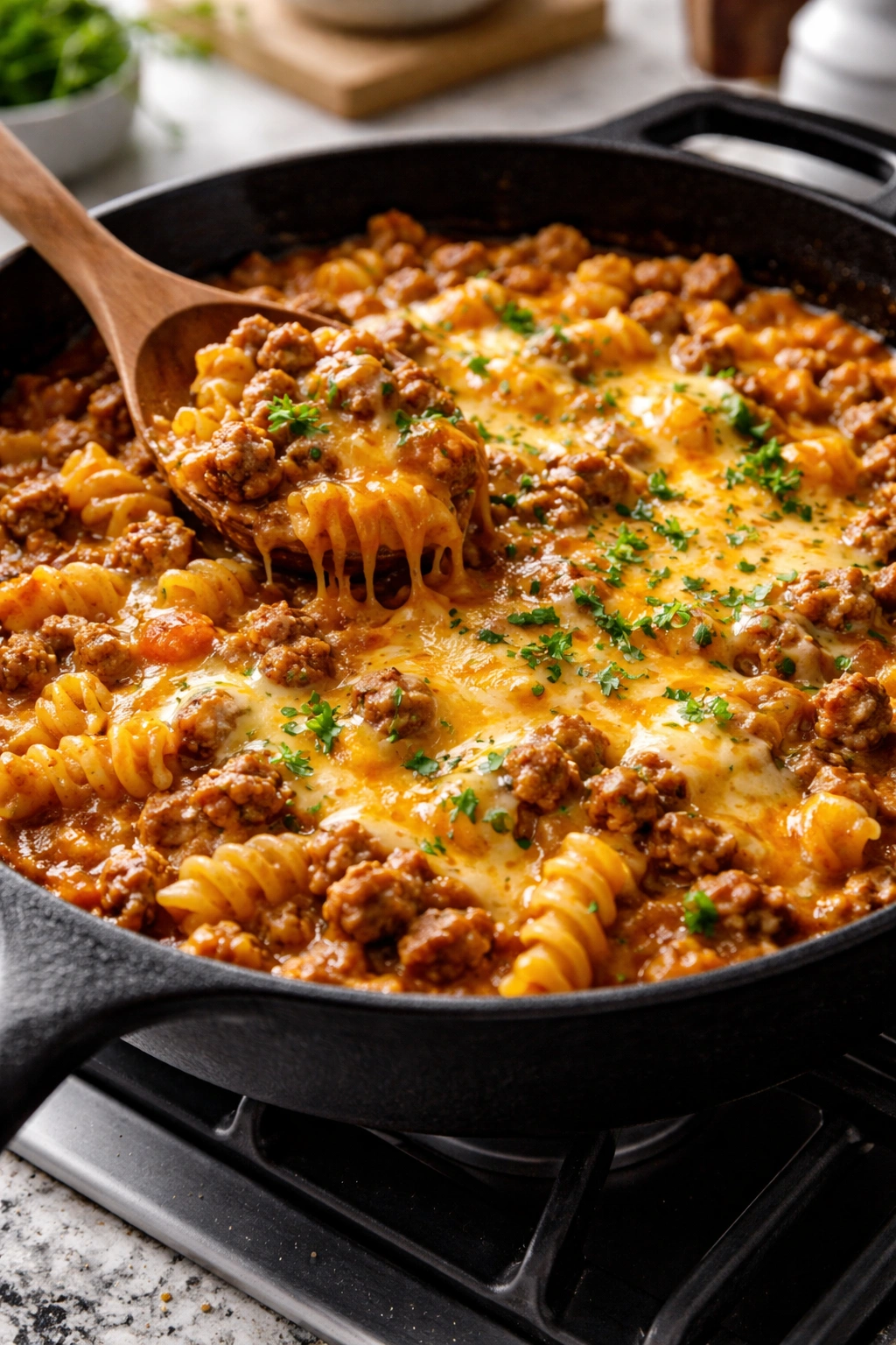 Skillet cheeseburger pasta with melted cheese in a cast-iron skillet