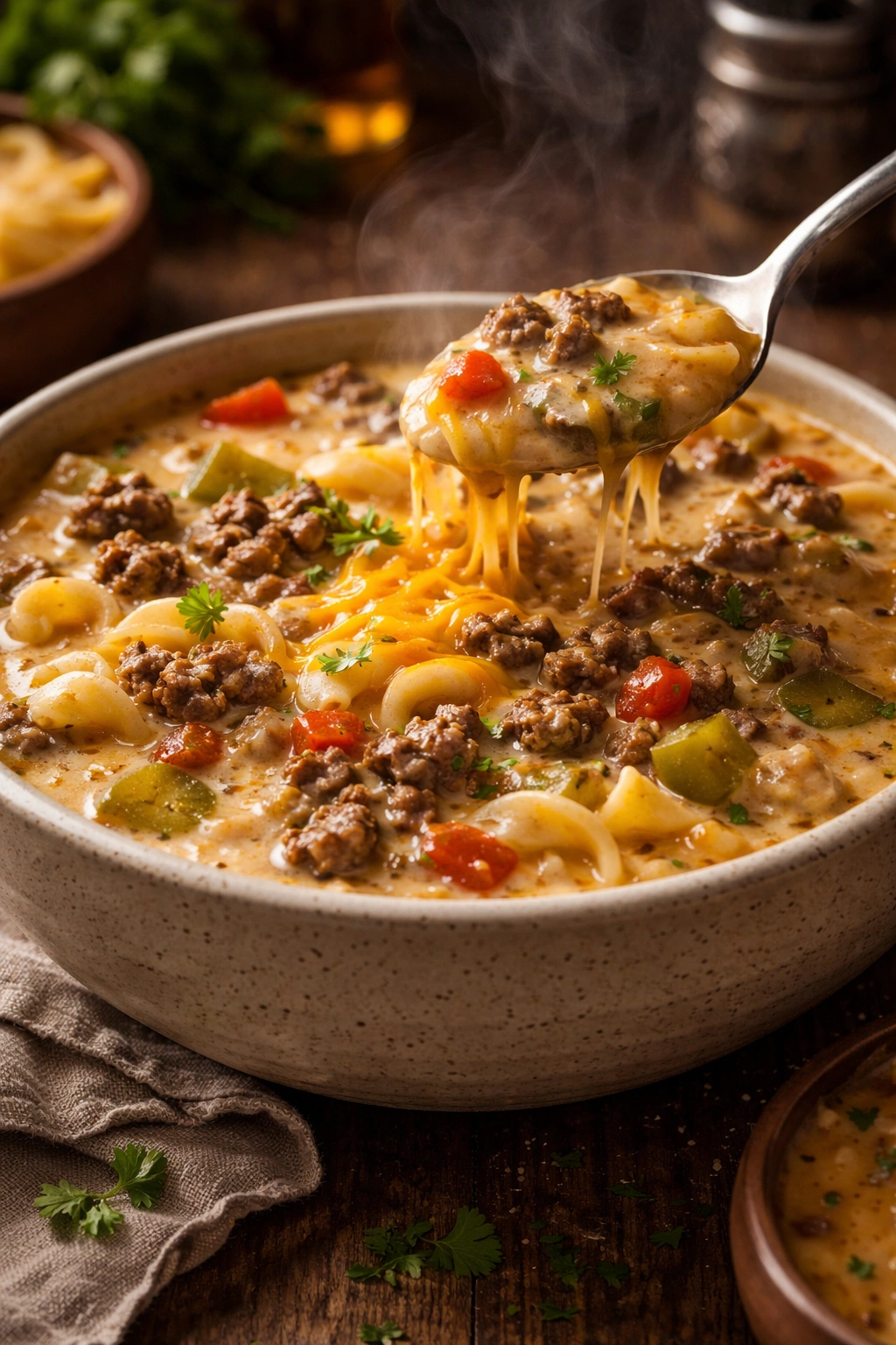 Close-up of steaming cheeseburger soup in a rustic kitchen