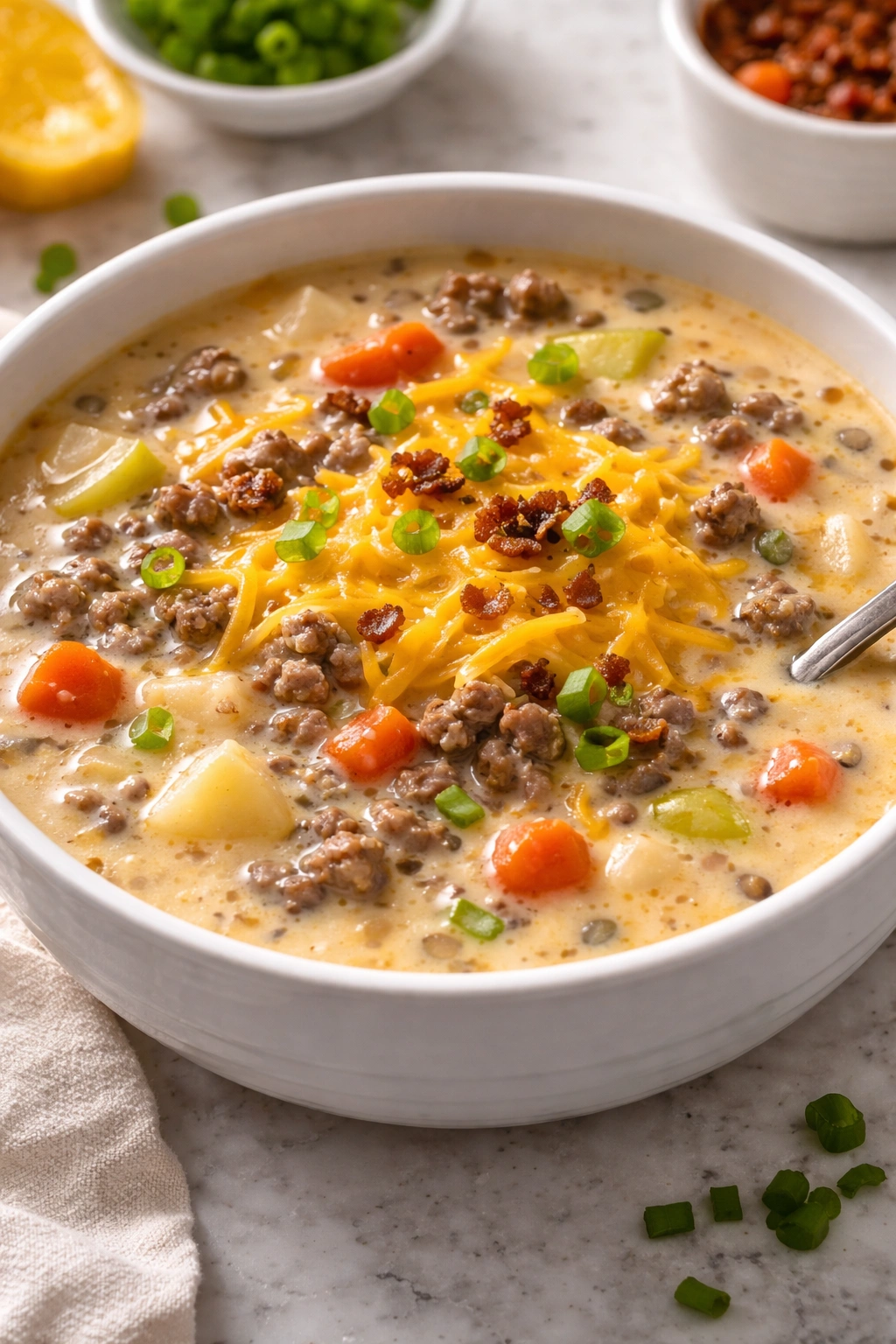 Creamy cheeseburger soup with ground beef, potatoes and cheddar in a white bowl.