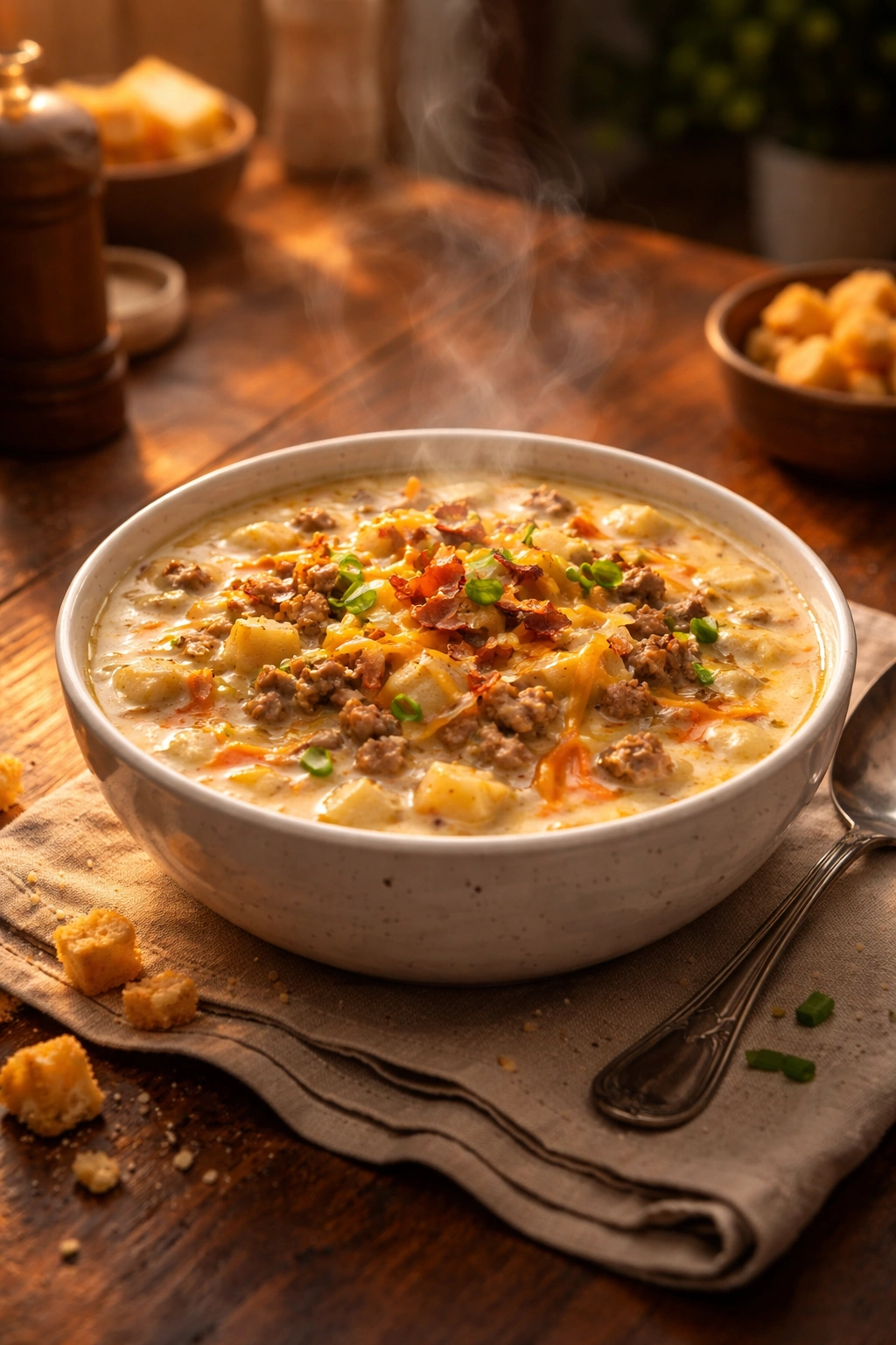 Warm bowl of cheeseburger soup on a wooden table with soft light