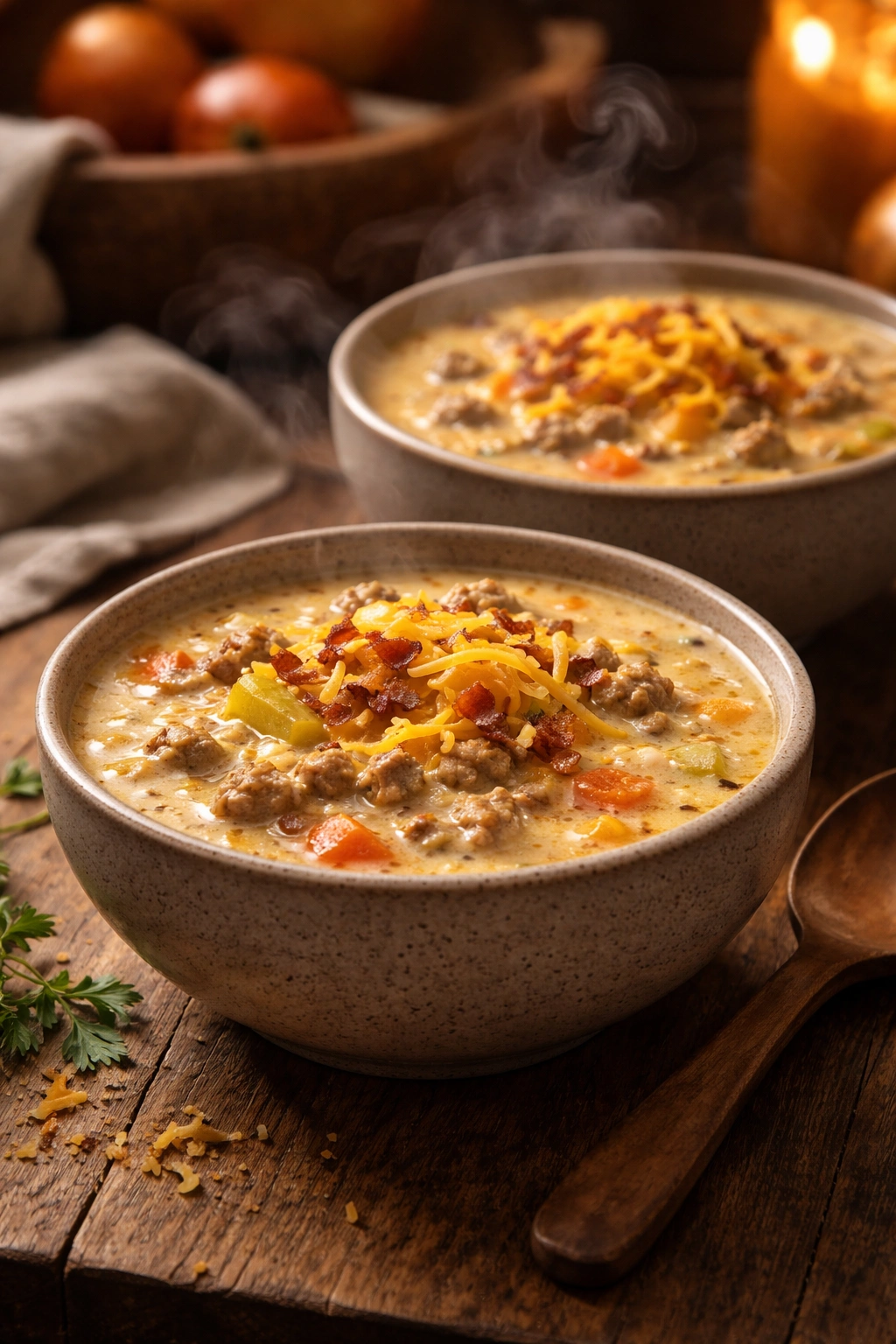 Two bowls of creamy cheeseburger soup on a rustic wooden table