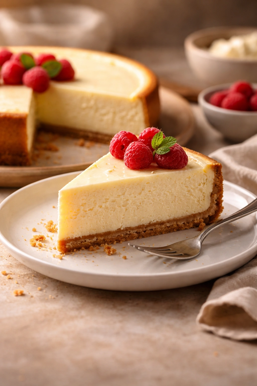 Classic cheesecake on a plate with warm lighting, reflecting final thoughts