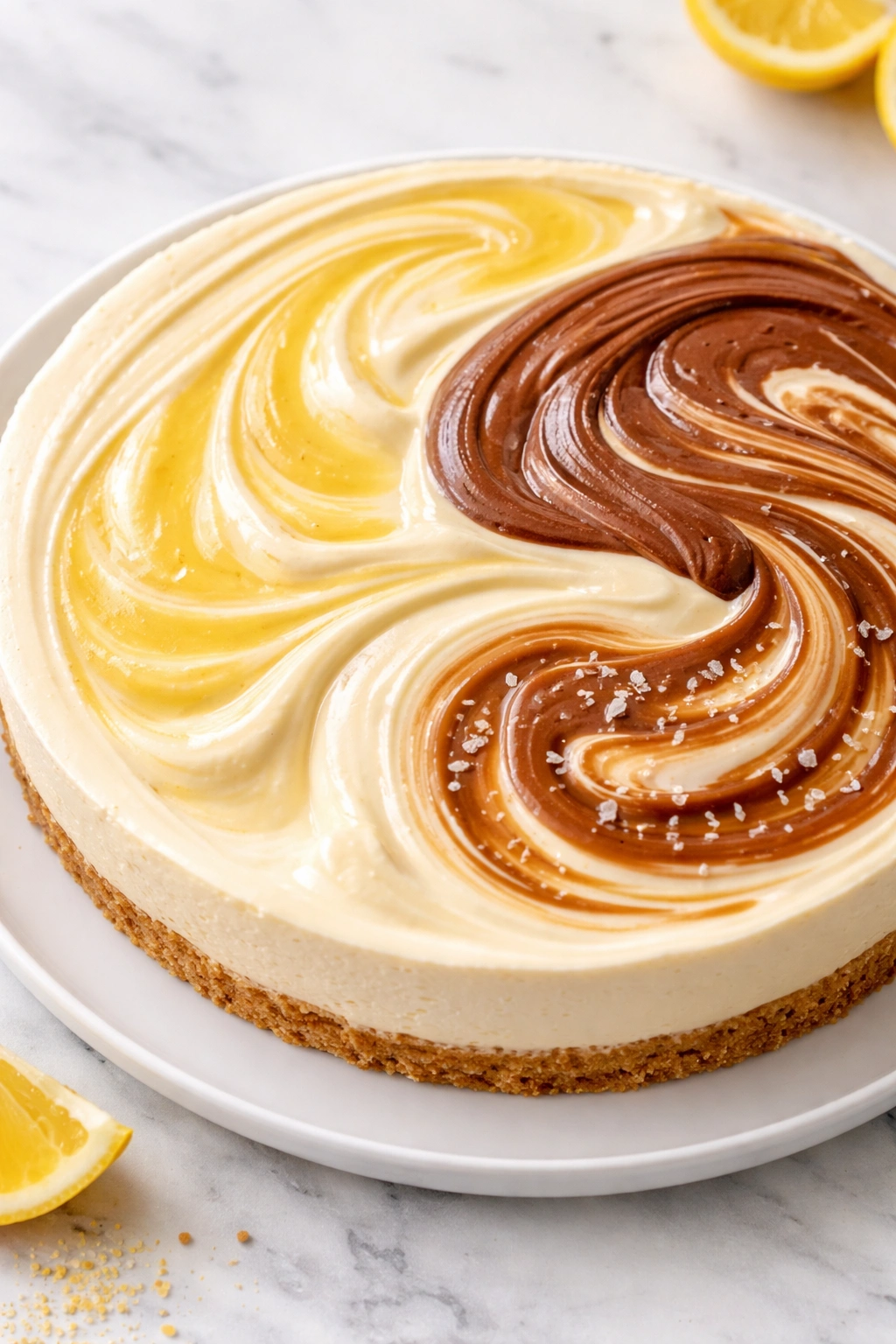 Cheesecake with three flavor swirls on a plate