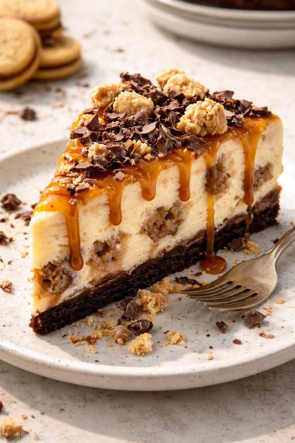 Cheesecake slice with cookie crumble and chocolate shavings