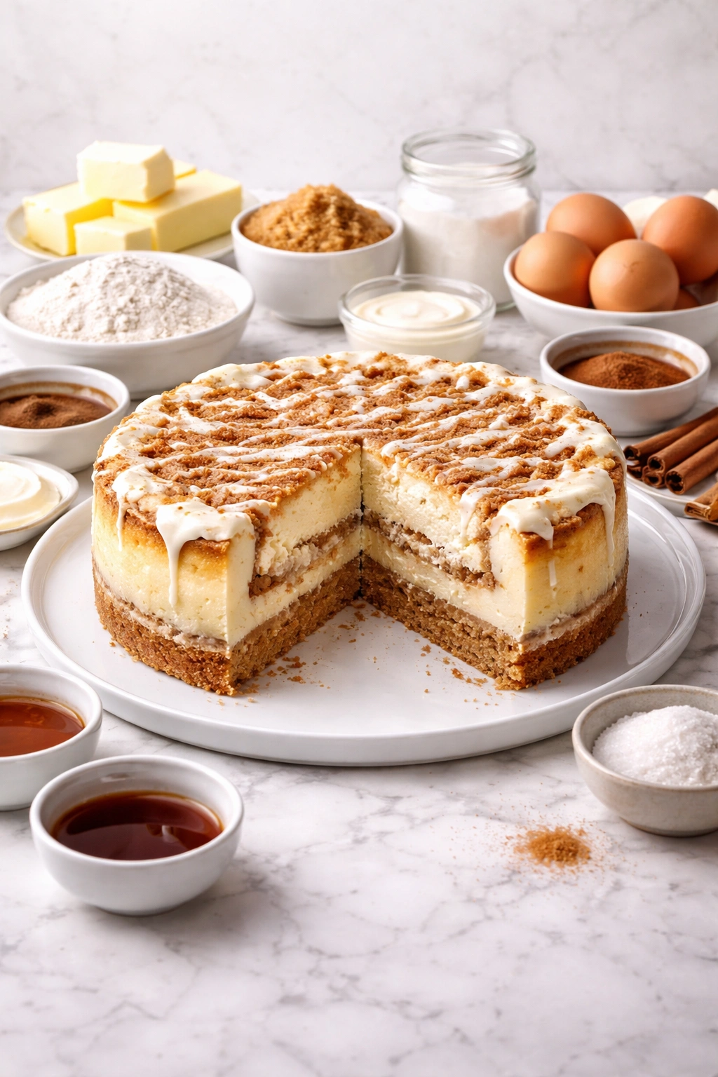 Cross-section of a cheesecake showing crust and creamy filling.