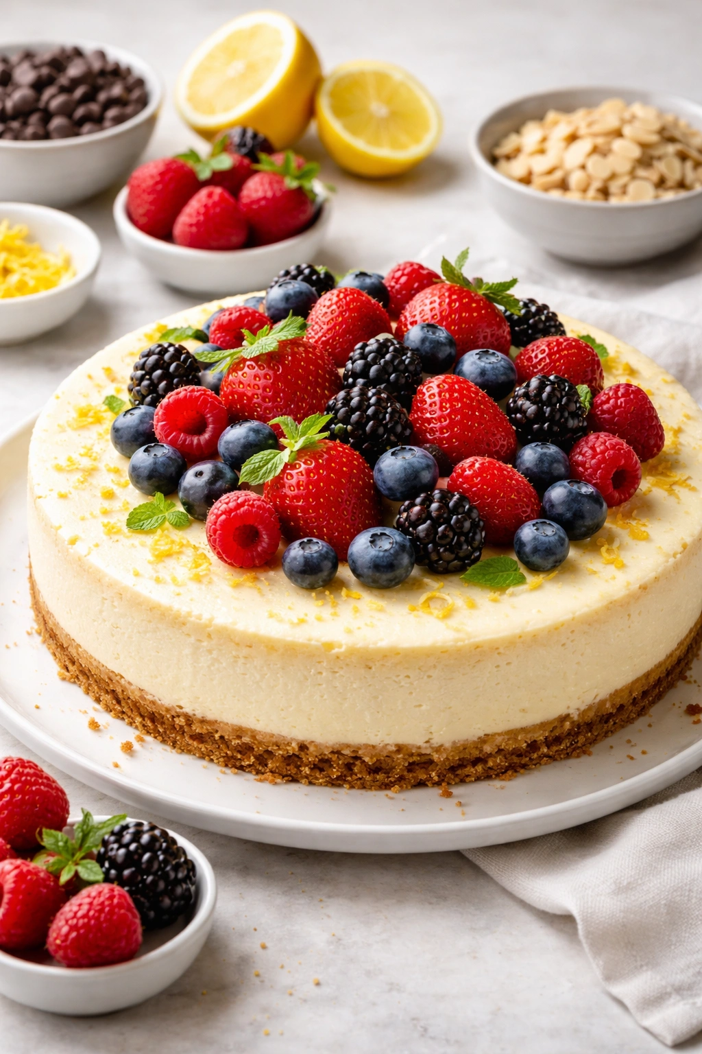 Cheesecake with lemon zest and berries topping