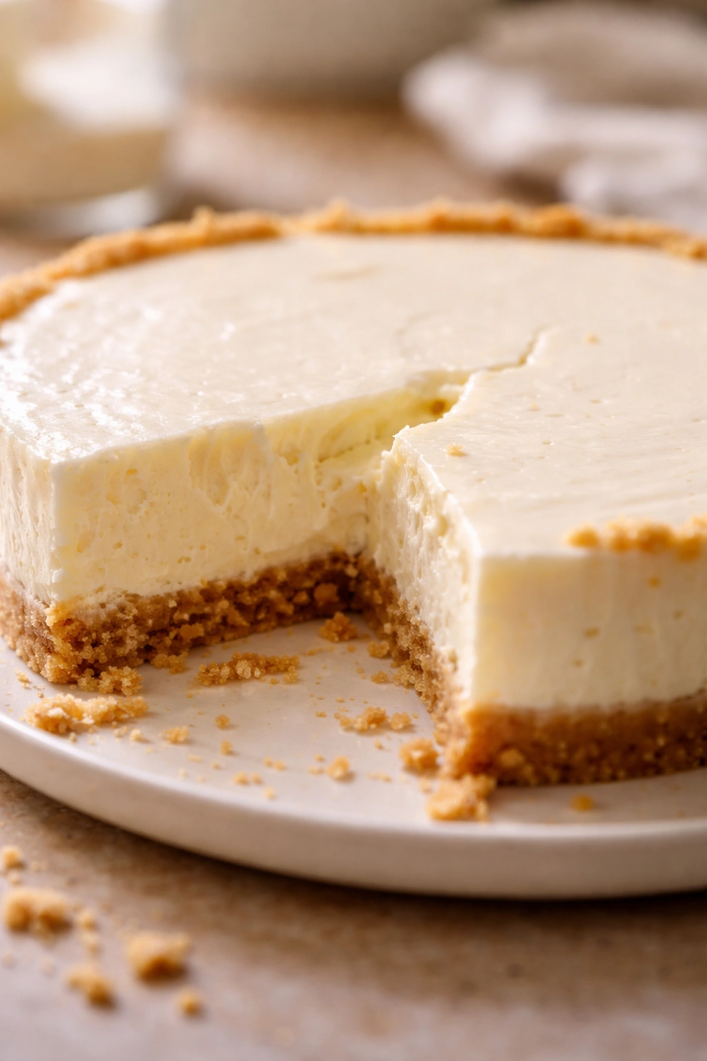 Close-up of cheesecake showing under-set center and crack indicating common mistakes