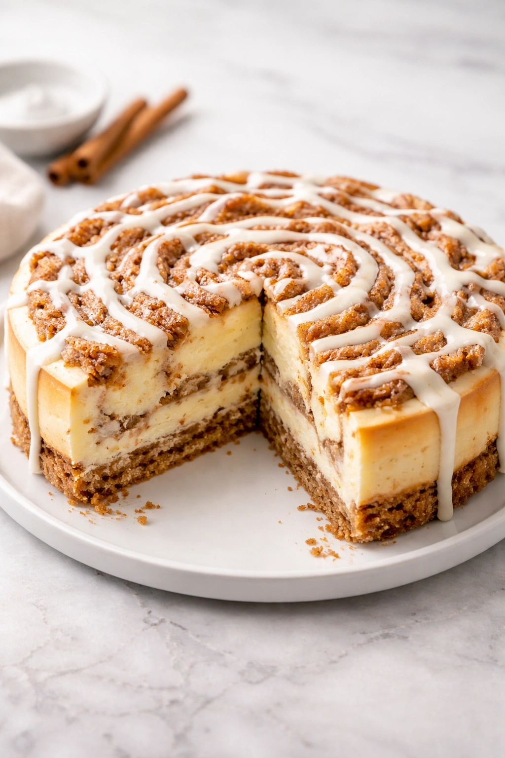 9-inch cheesecake with a wedge removed on a plate, suggesting servings.