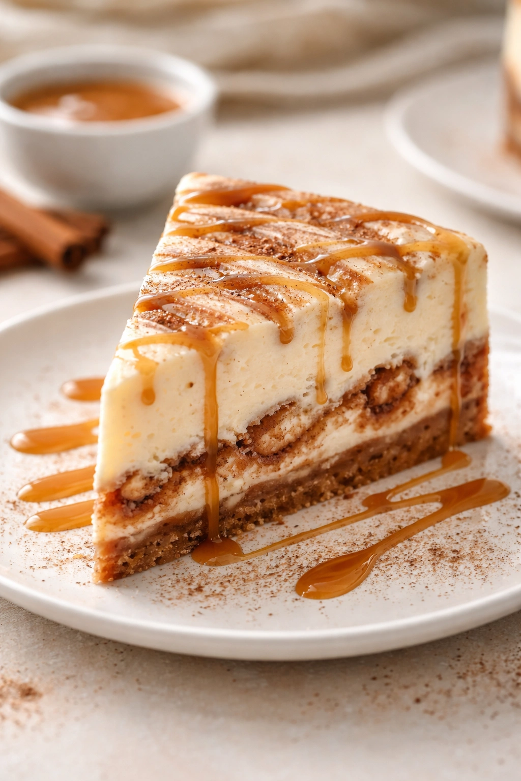 Slice of cinnamon roll cheesecake with caramel drizzle on plate
