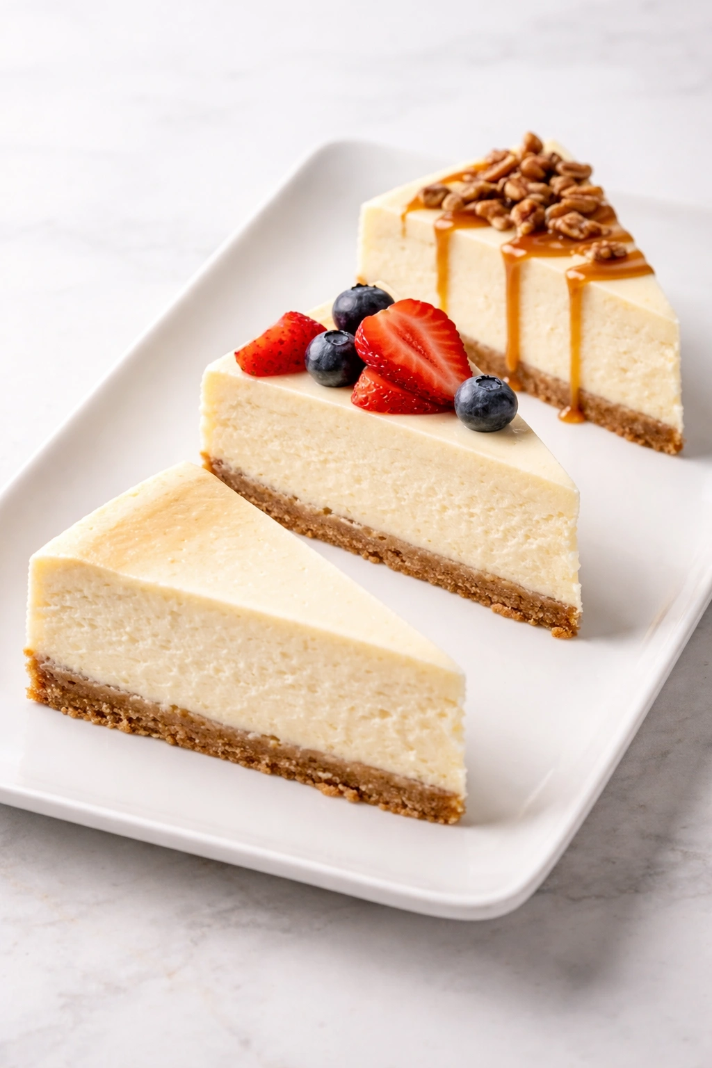 Three cheesecake slices arranged diagonally to imply steps
