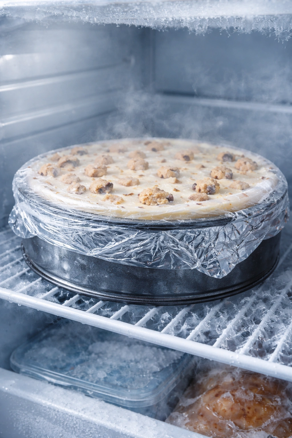 Round cheesecake in a pan wrapped for freezer storage