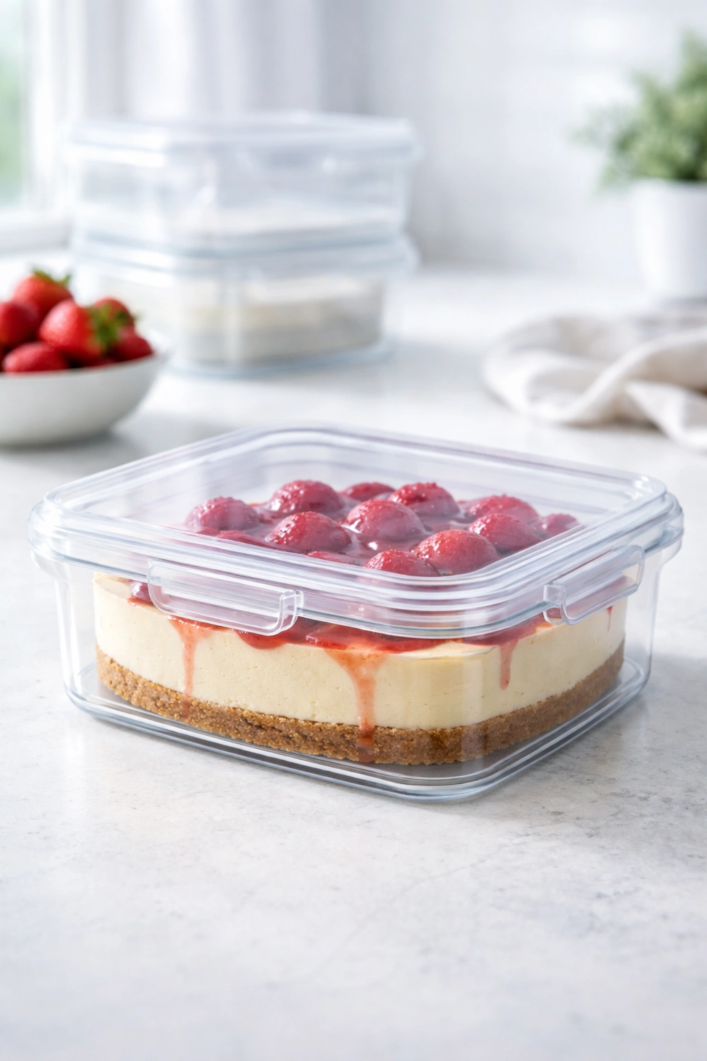 Cheesecake stored in an airtight container on a kitchen counter