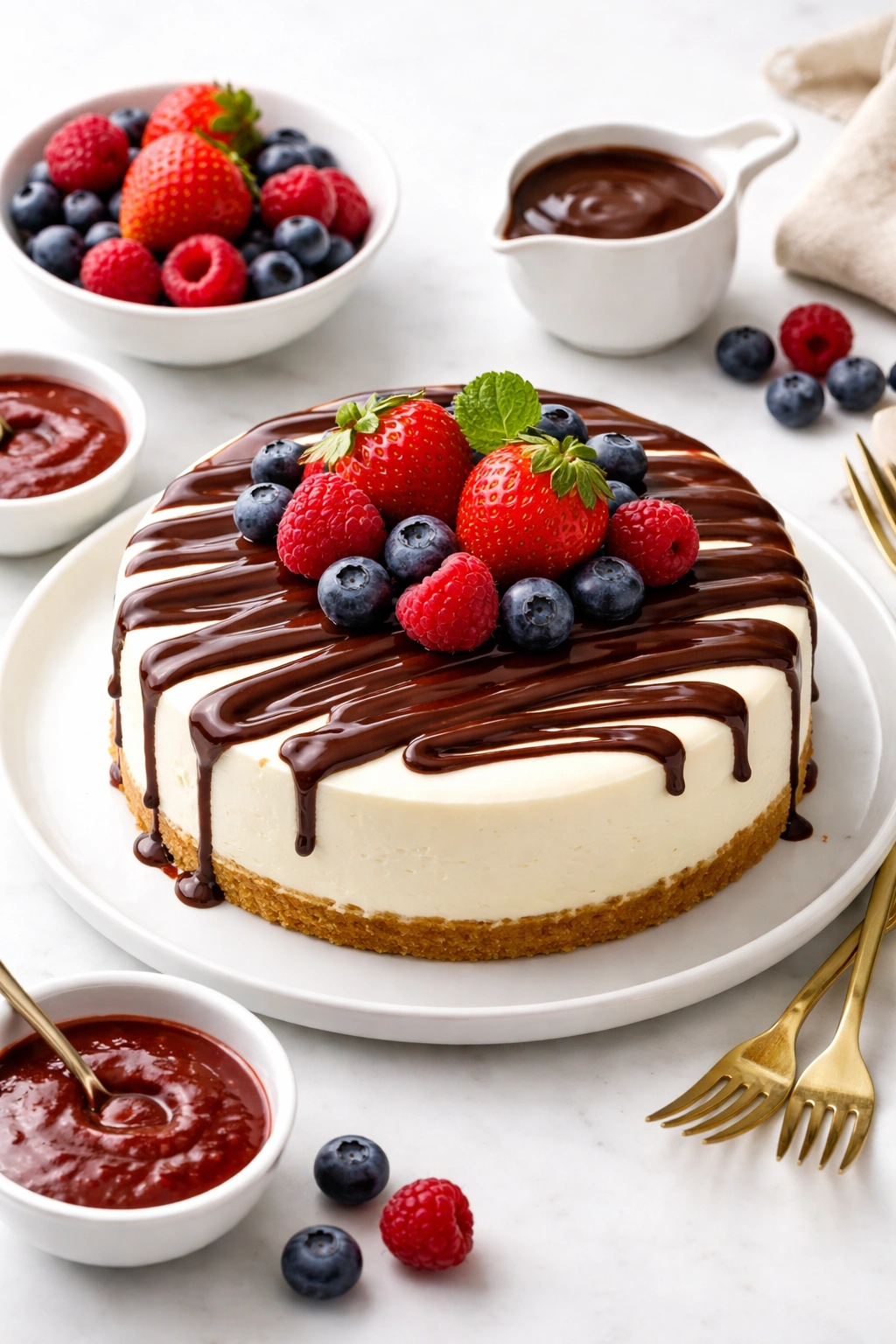 Cheesecake with chocolate drizzle and berries on plate