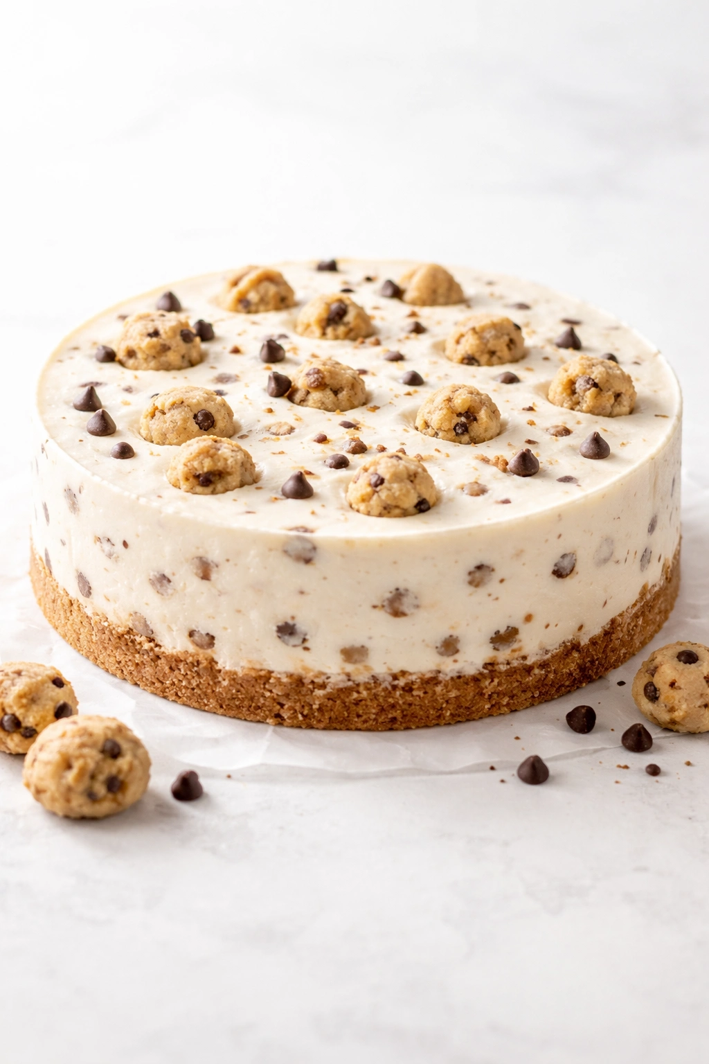 Whole round cheesecake on a plain neutral background with a smooth top and even crust.