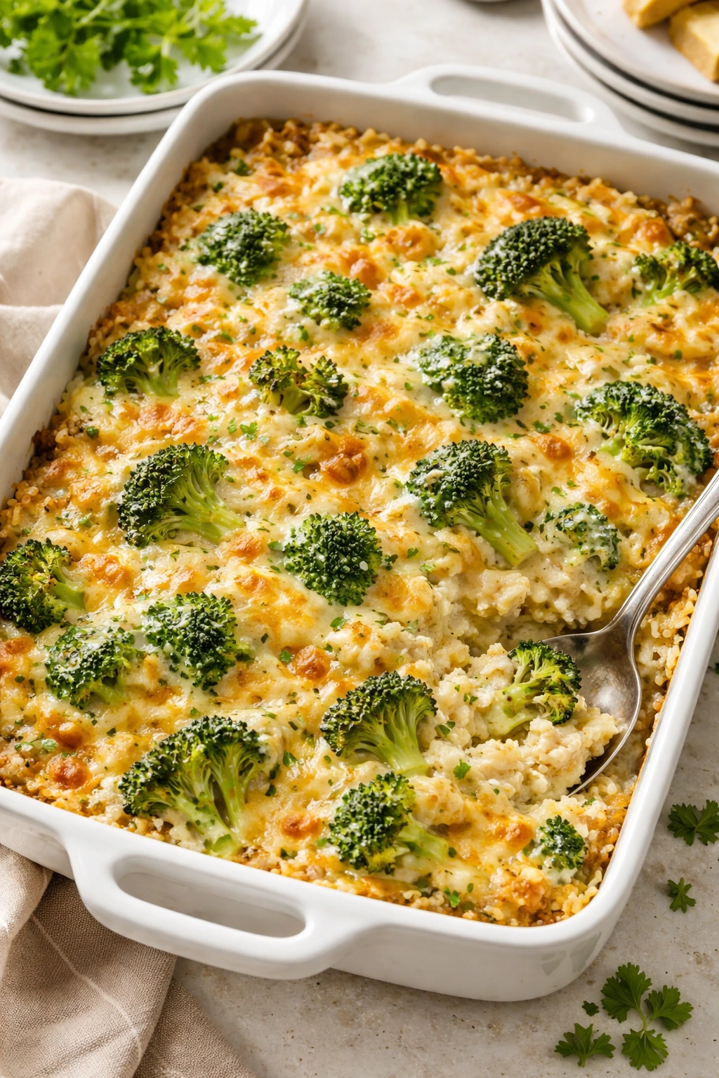 Broccoli rice casserole in a baking dish with creamy cheese sauce