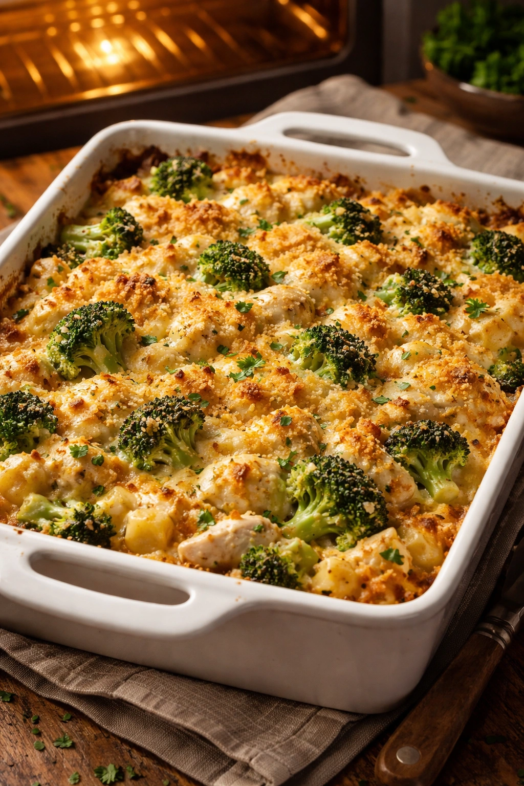 Close-up of a cheesy chicken broccoli casserole fresh from the oven