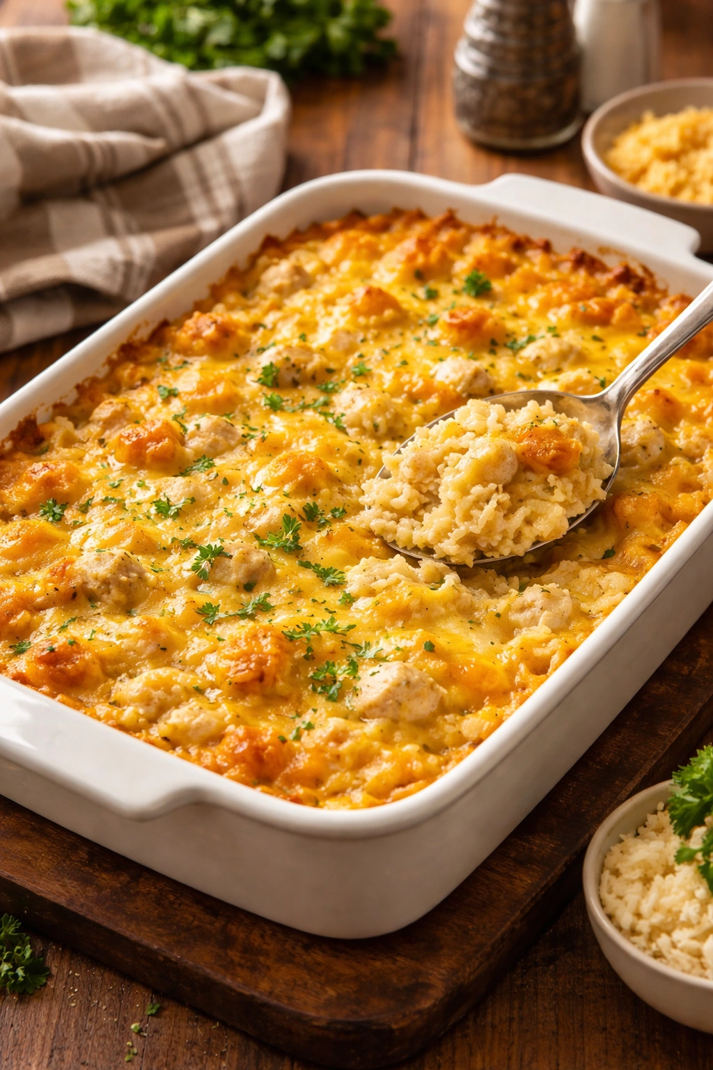 Close-up of cheesy chicken and rice casserole in a ceramic dish with melted cheese and tender rice