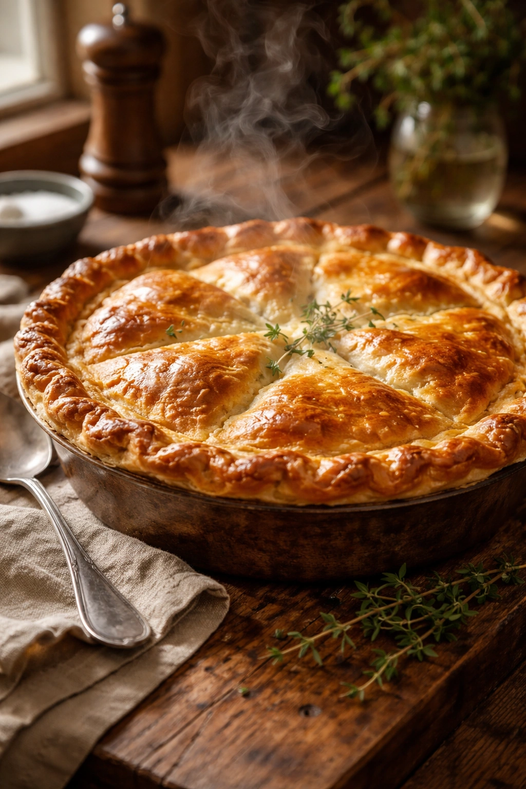 Close-up of Chelsea Winter's Chicken Pie with steaming golden crust