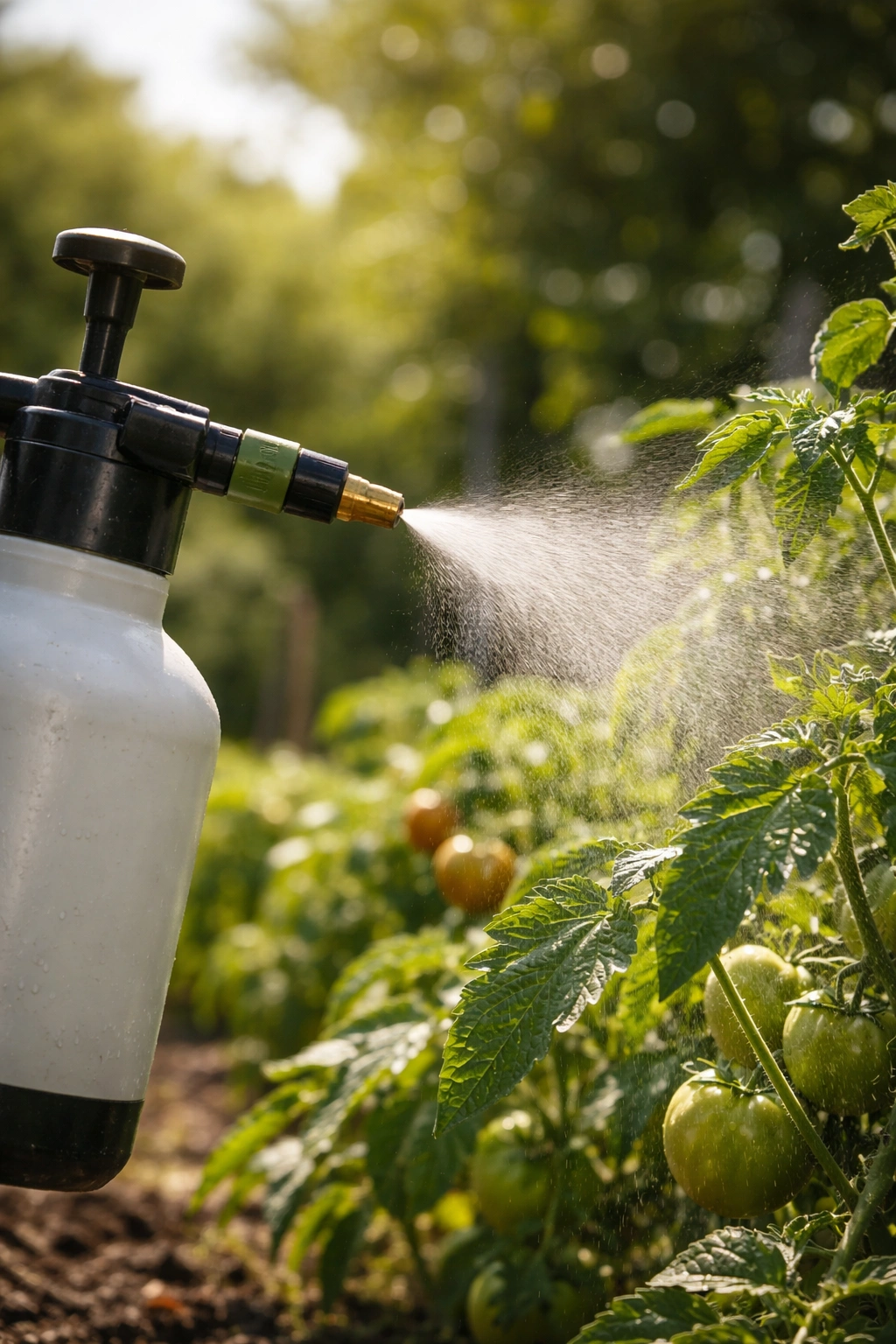 Garden sprayer releasing mist for fruit fly control outdoors