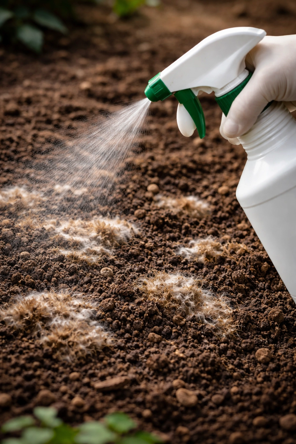 Soil with brown fungus and a generic fungicide bottle releasing liquid