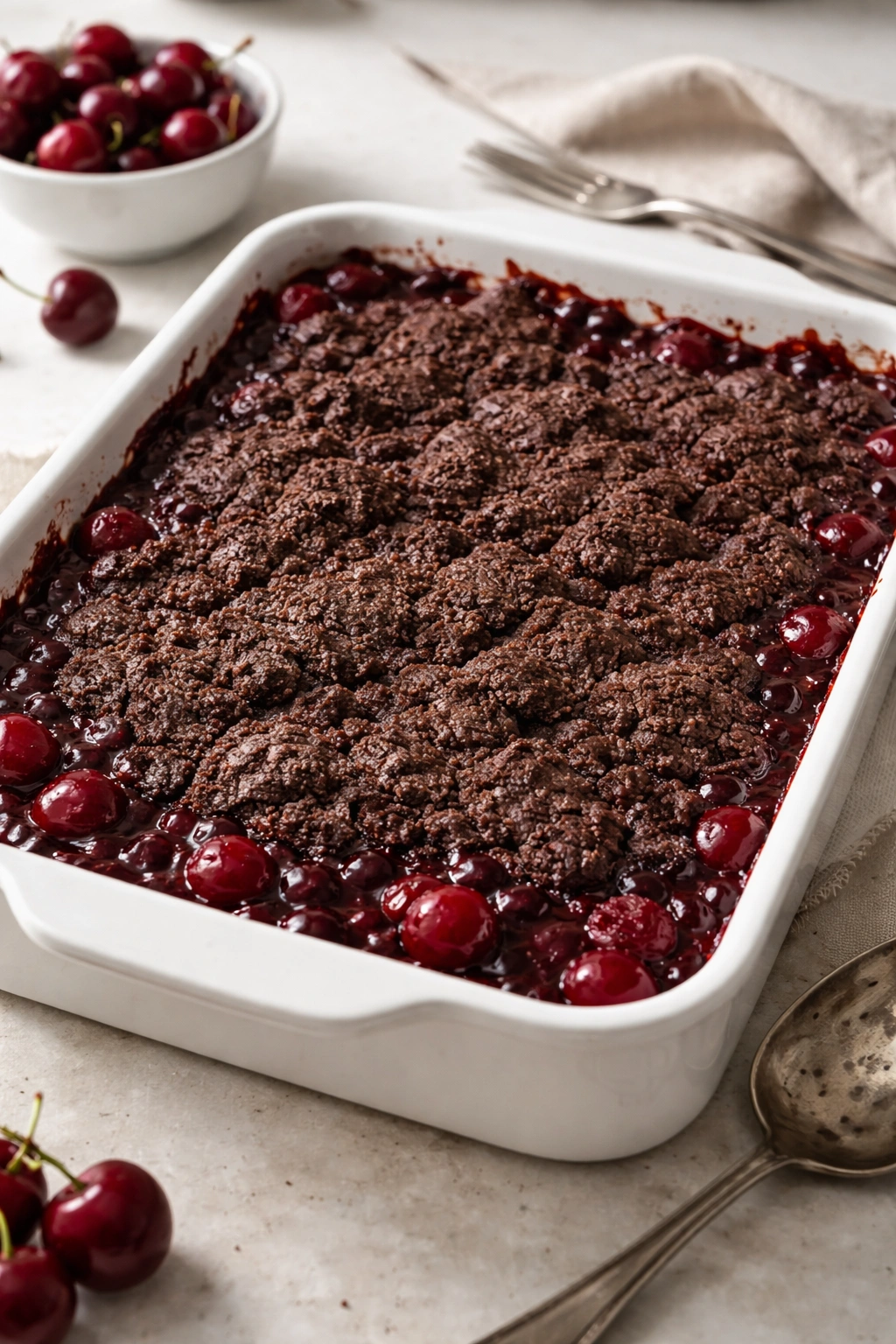 Close-up of Chocolate Cherry Dump Cake in a 9x13 dish with chocolate topping and cherry edges