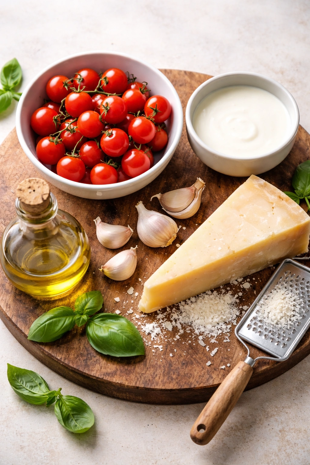 Ingredients for creamy pasta: cherry tomatoes, cream, and parmesan on a board