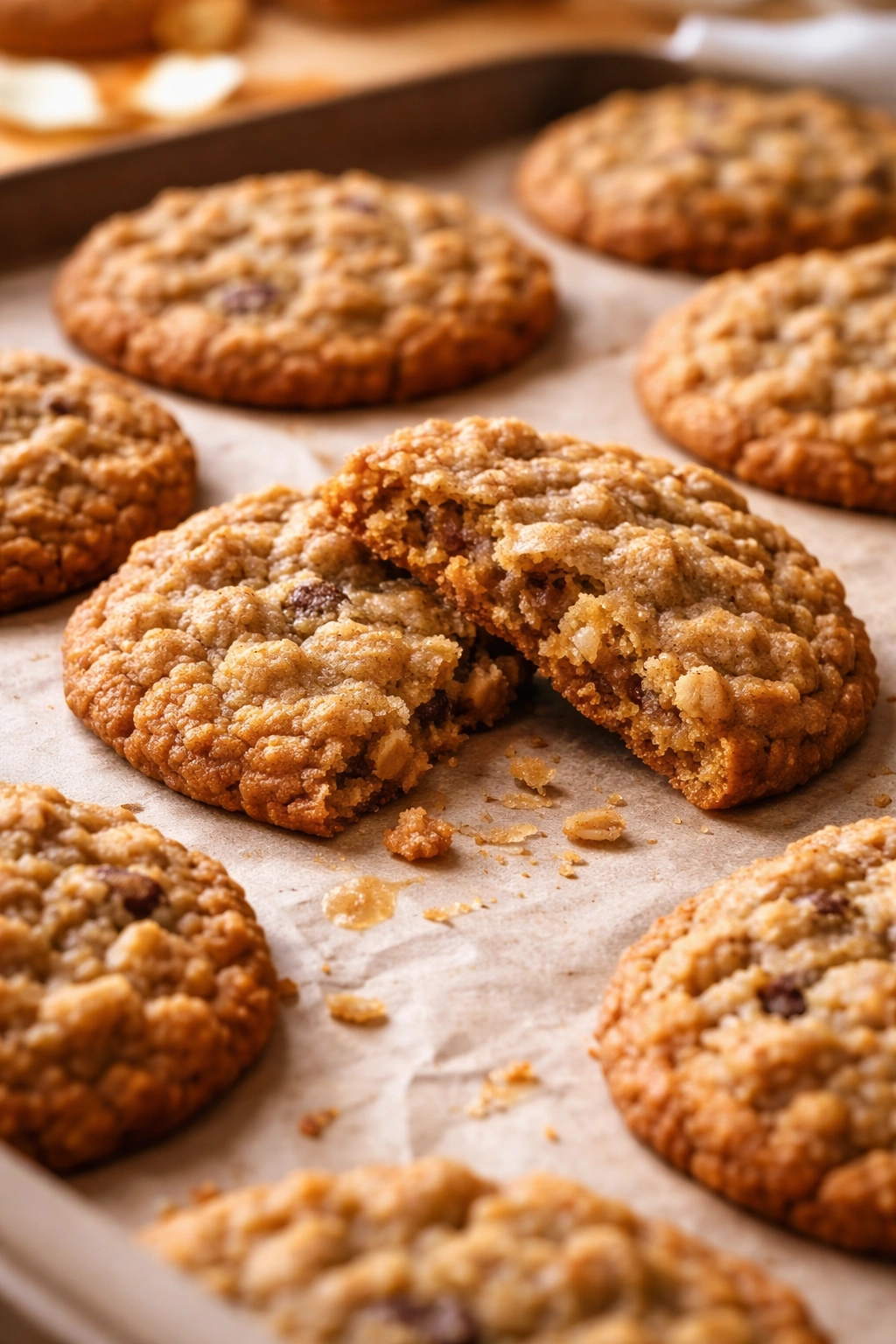 Close-up of oatmeal cookie edge and center texture