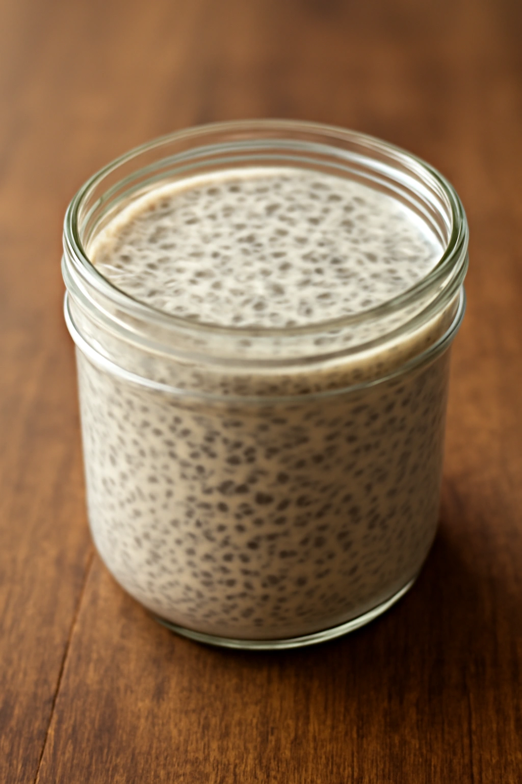 Thick chia pudding in a glass jar