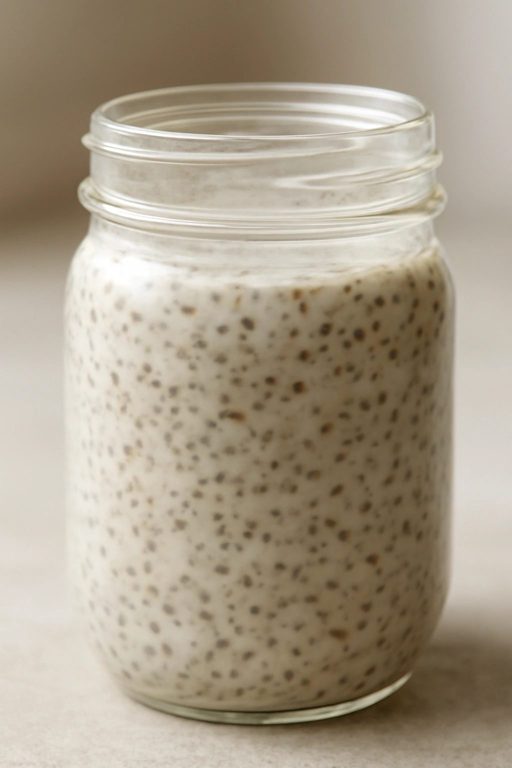 Chia pudding base in a jar with visible chia seeds in coconut milk