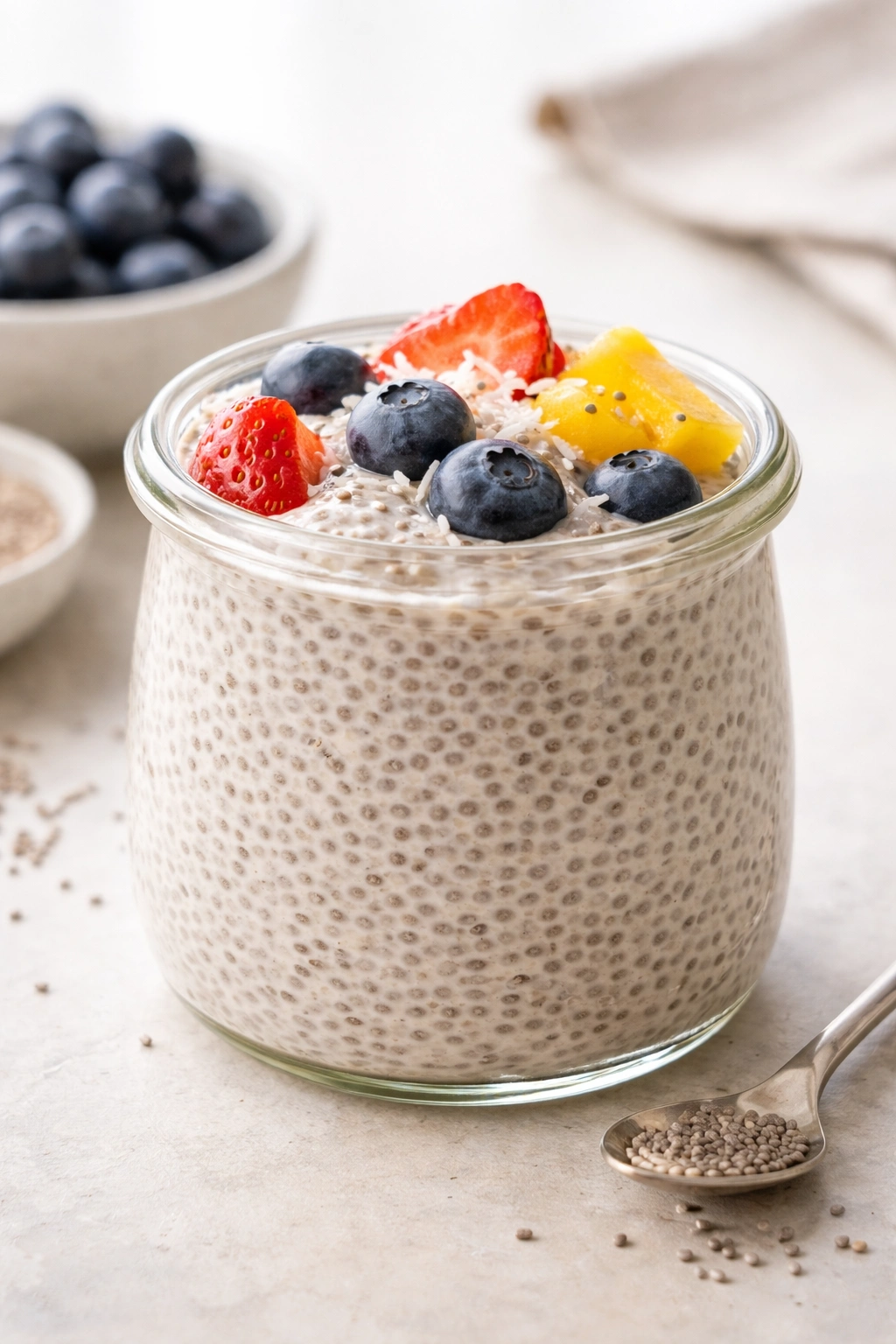 Creamy chia seed pudding in a glass jar with visible seeds