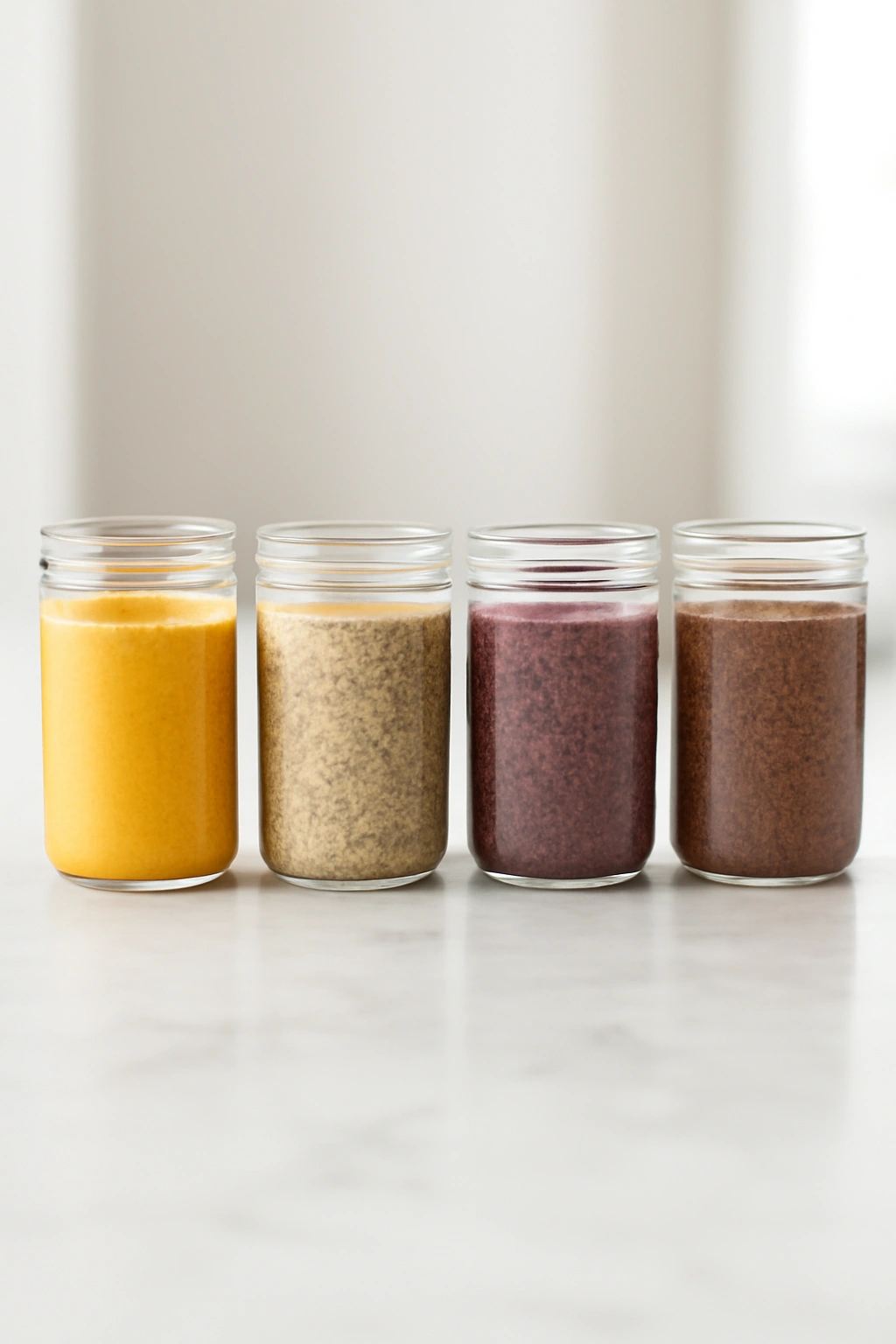 Four jars of chia pudding in different colors on a pale marble countertop in natural daylight
