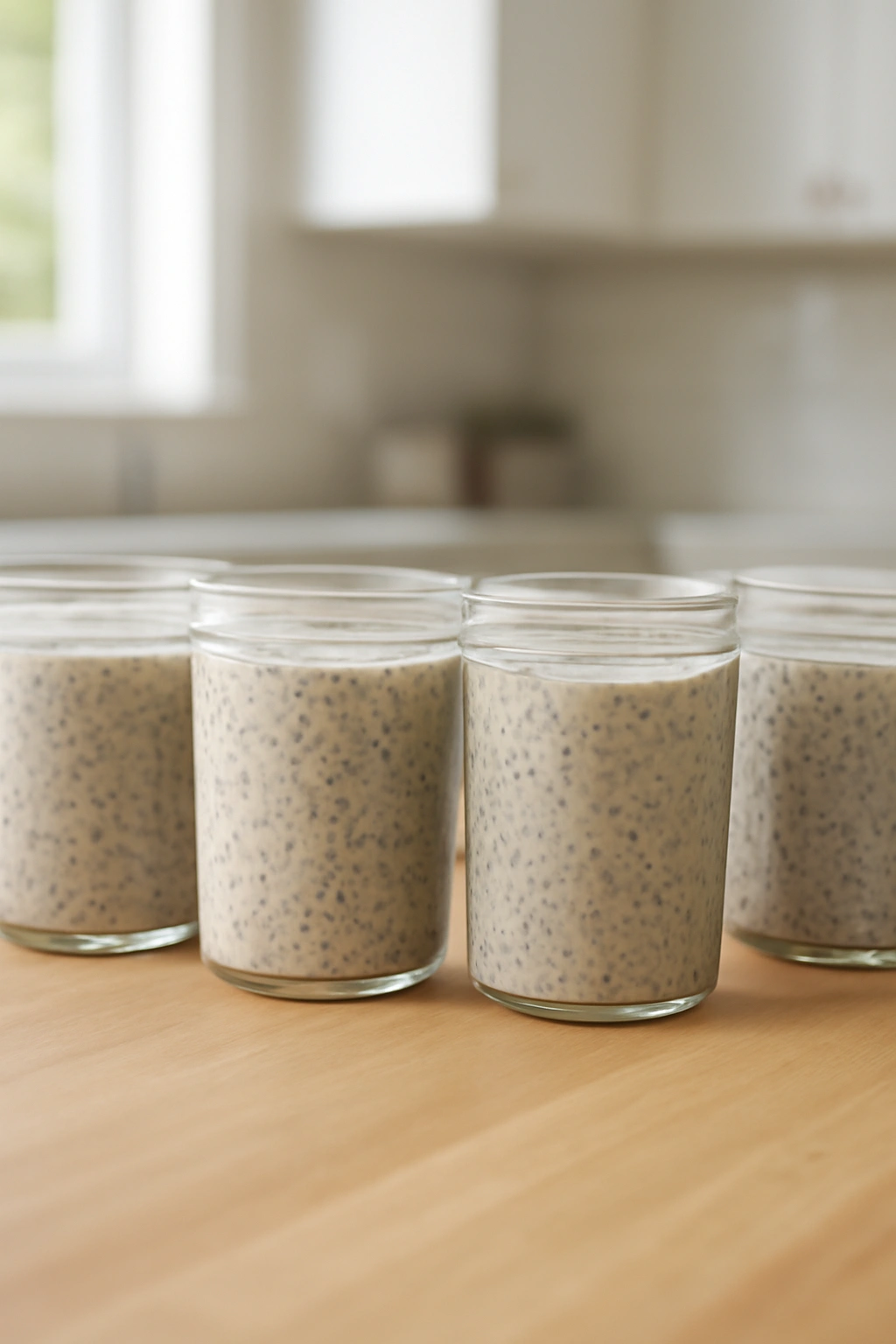 Four jars of chia pudding on a wooden counter for meal prep