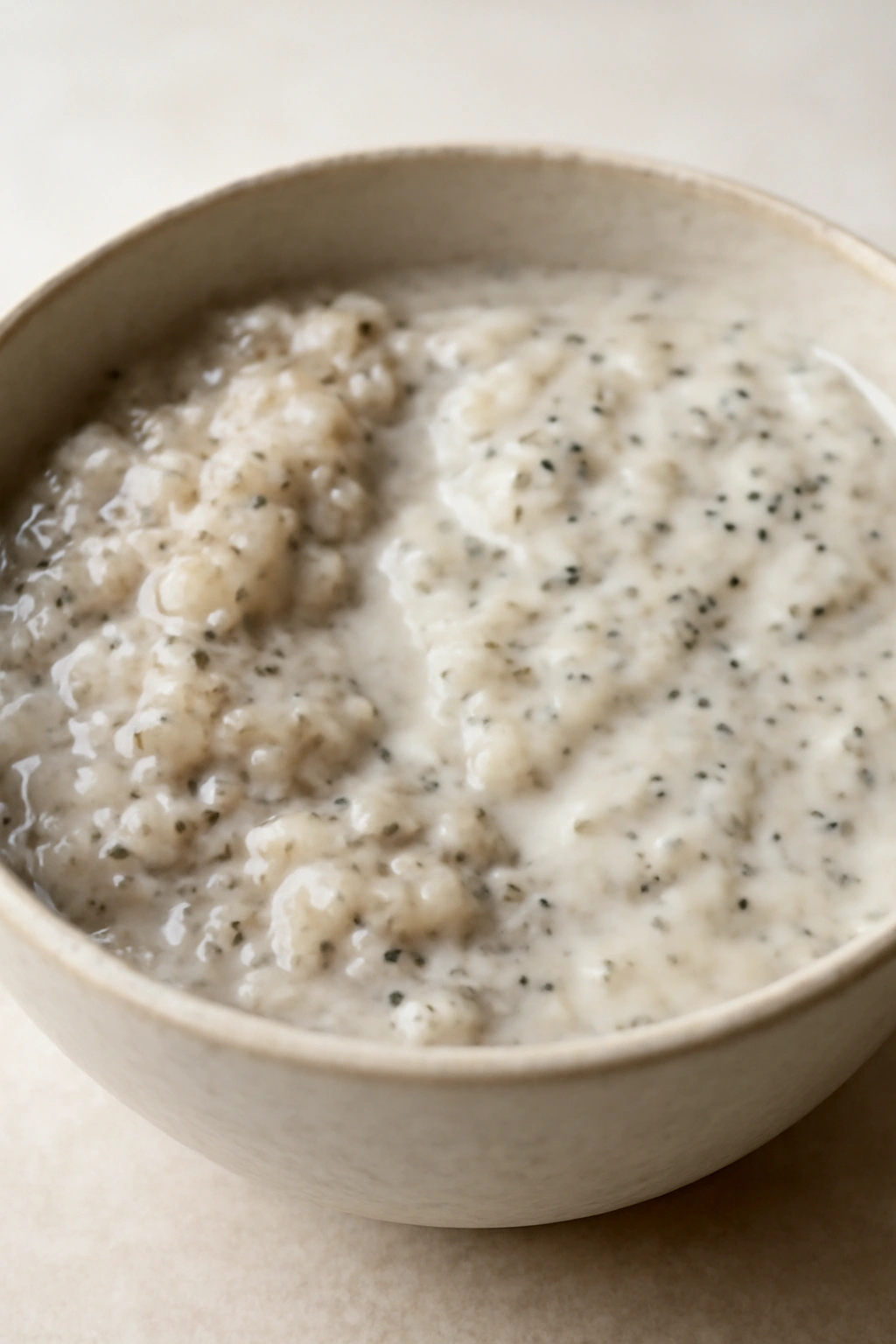 Close-up of a bowl with uneven, clumpy chia pudding illustrating common mistakes.