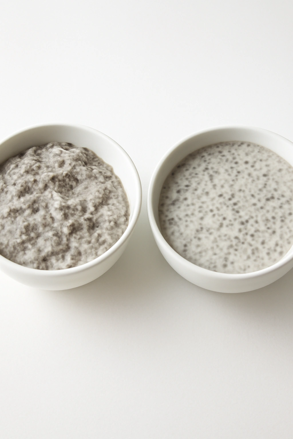 Two chia pudding bowls showing clumpy and smooth textures