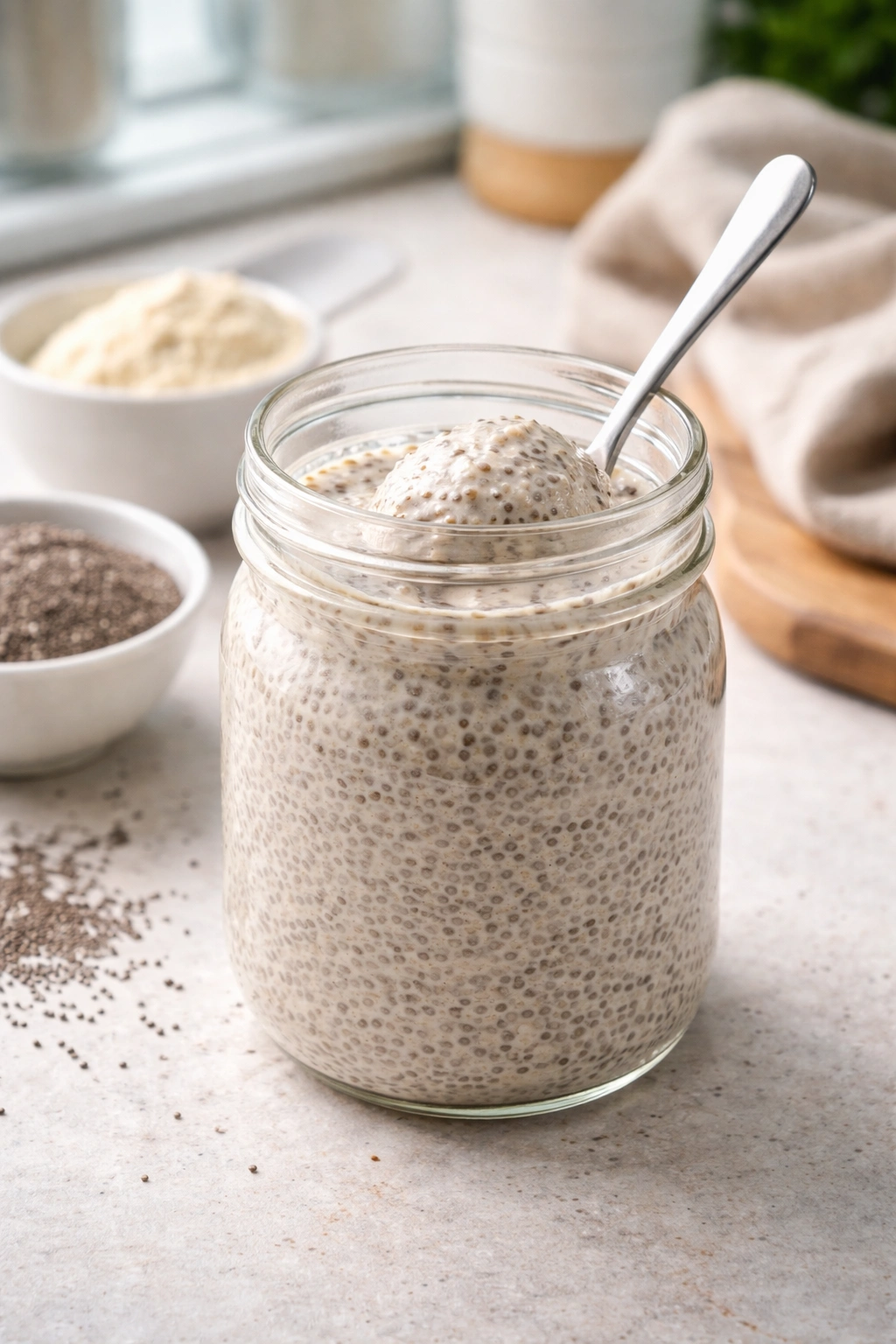Chia pudding in a jar with creamy gel texture