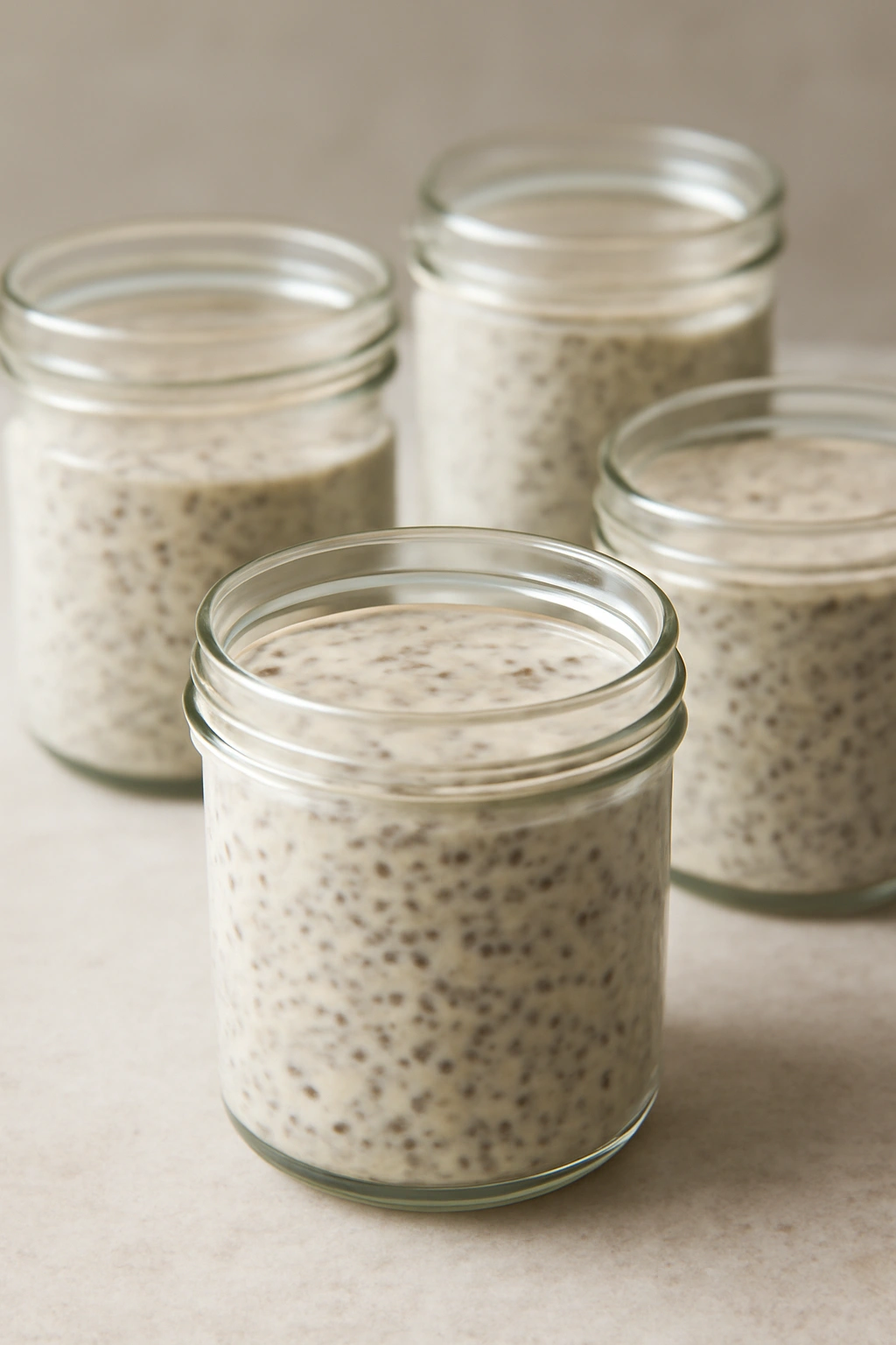 Close-up of chia pudding textures in glass jars