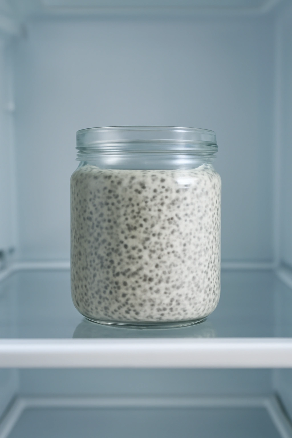 Glass jar of chia pudding stored in refrigerator