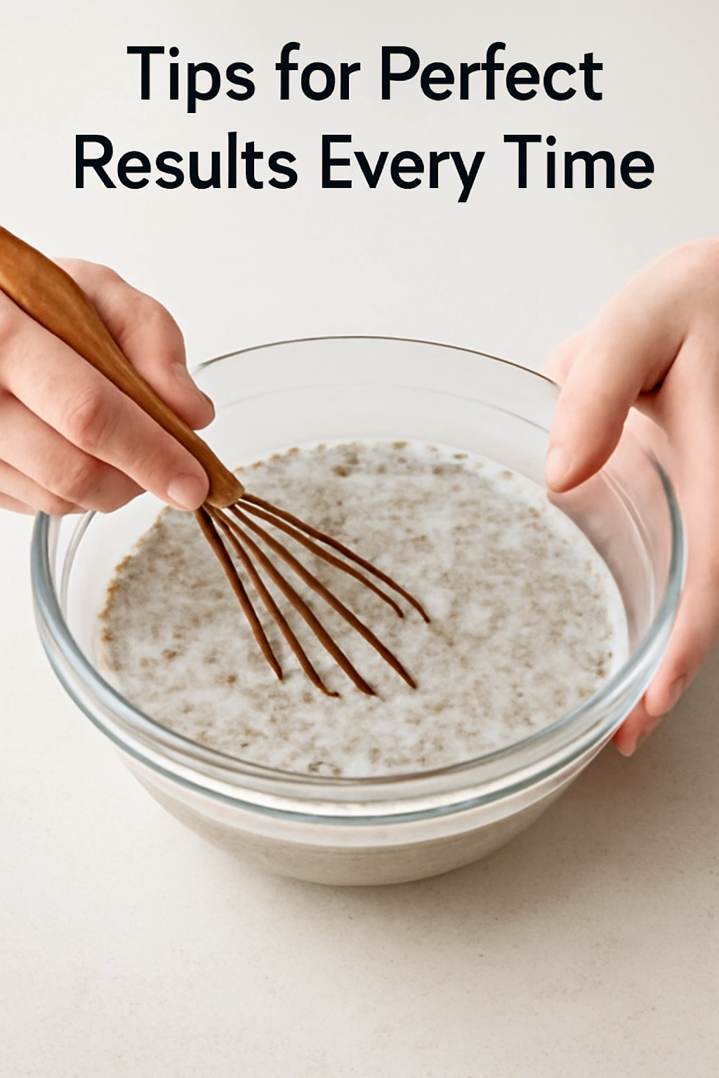 Hands whisking chia pudding to break clumps for smooth texture.