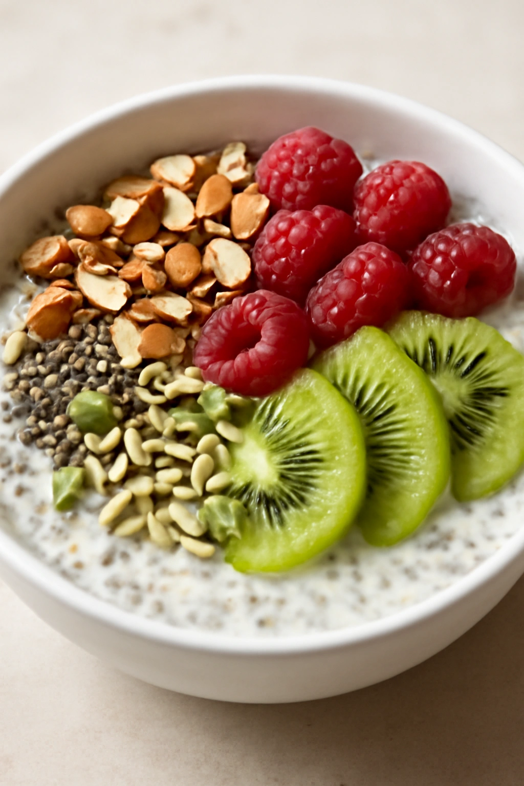 Chia pudding topped with nuts, seeds, and fruit for nutrition