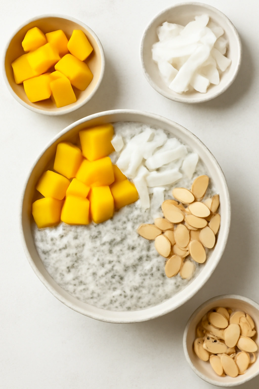Chia pudding with varied toppings showing customization options.
