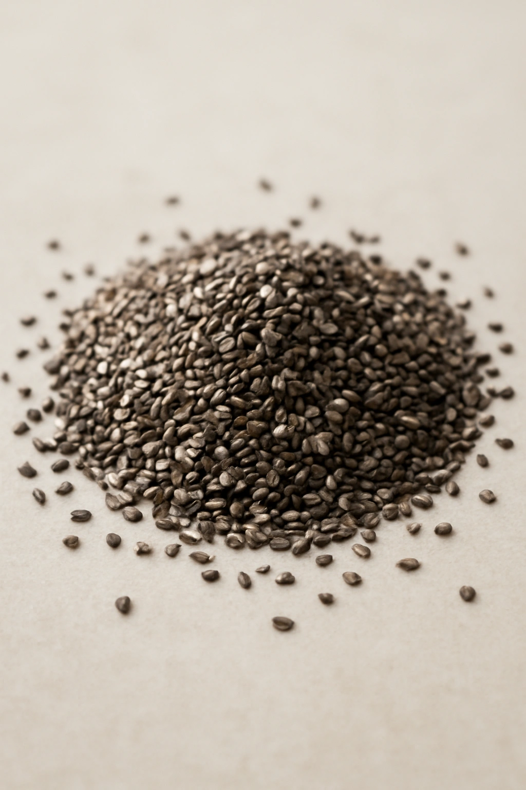 Macro close-up of tiny black chia seeds on a neutral background