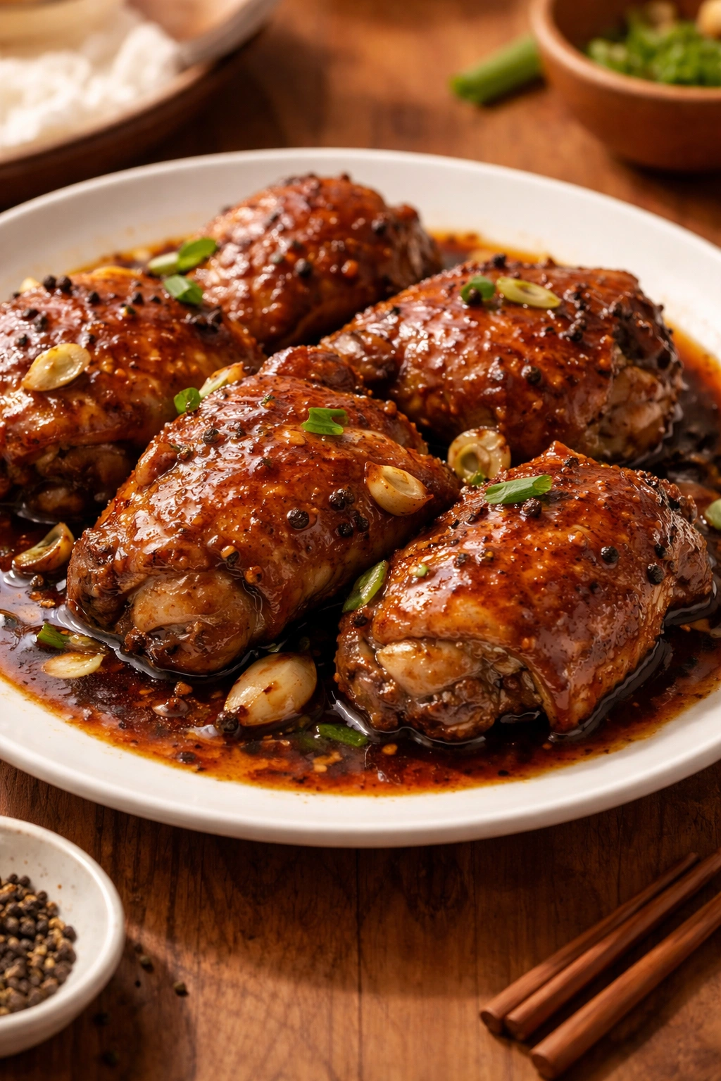 Close-up of glossy chicken adobo on plate with rich soy-vinegar glaze