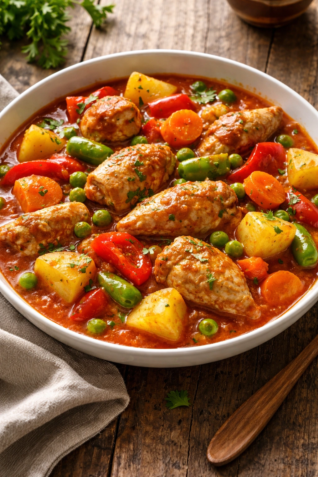 Chicken afritada with potatoes carrots peppers in tomato sauce