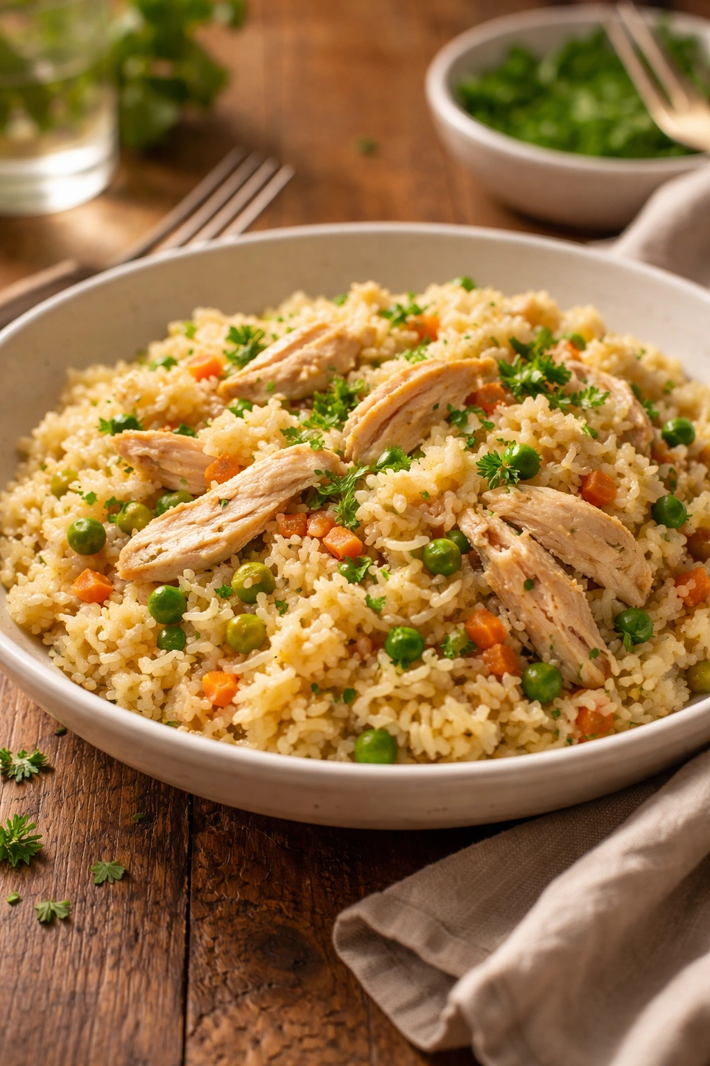 Plate of chicken and rice garnished with herbs