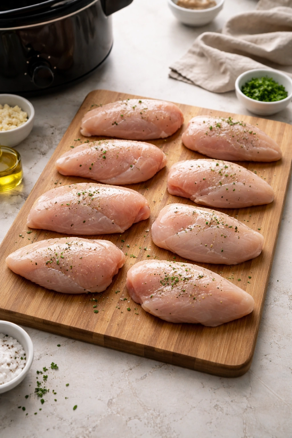 Single layer of chicken pieces evenly spaced on cutting board