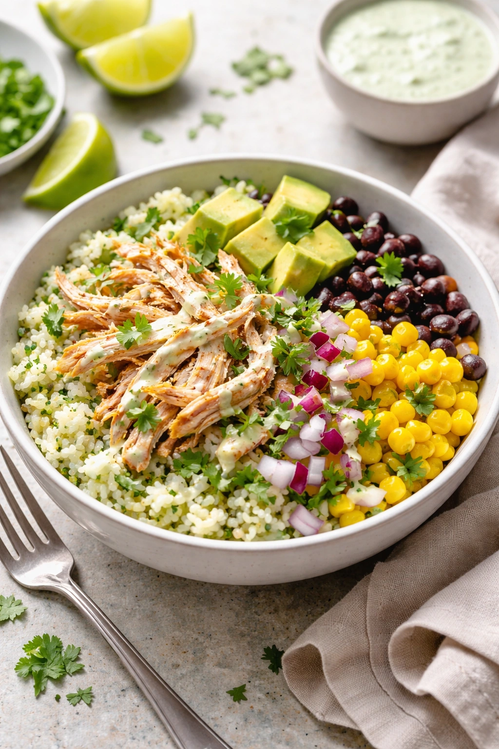 Chicken avocado bowl with cilantro-lime rice and greens