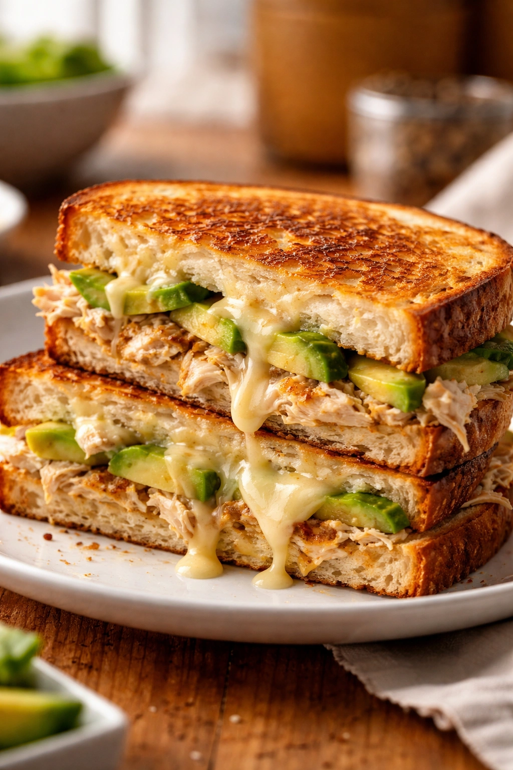 Close-up of a toasted melt with cheese and avocado on a plate