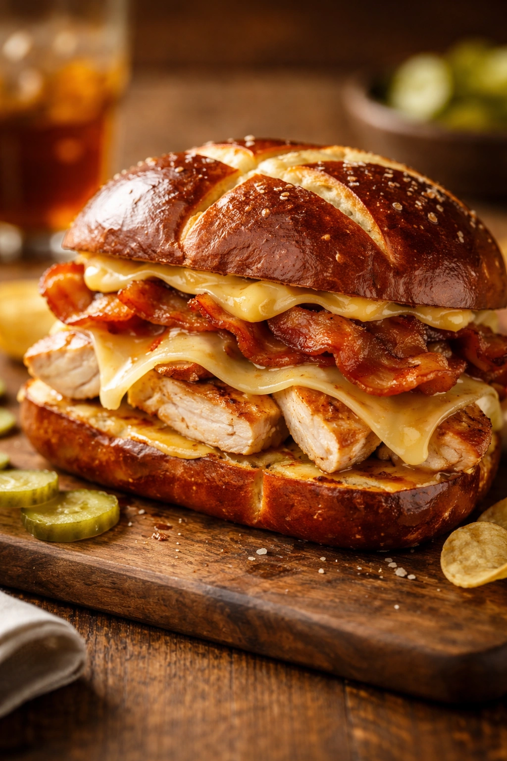 Chicken bacon Swiss on pretzel bread sandwich