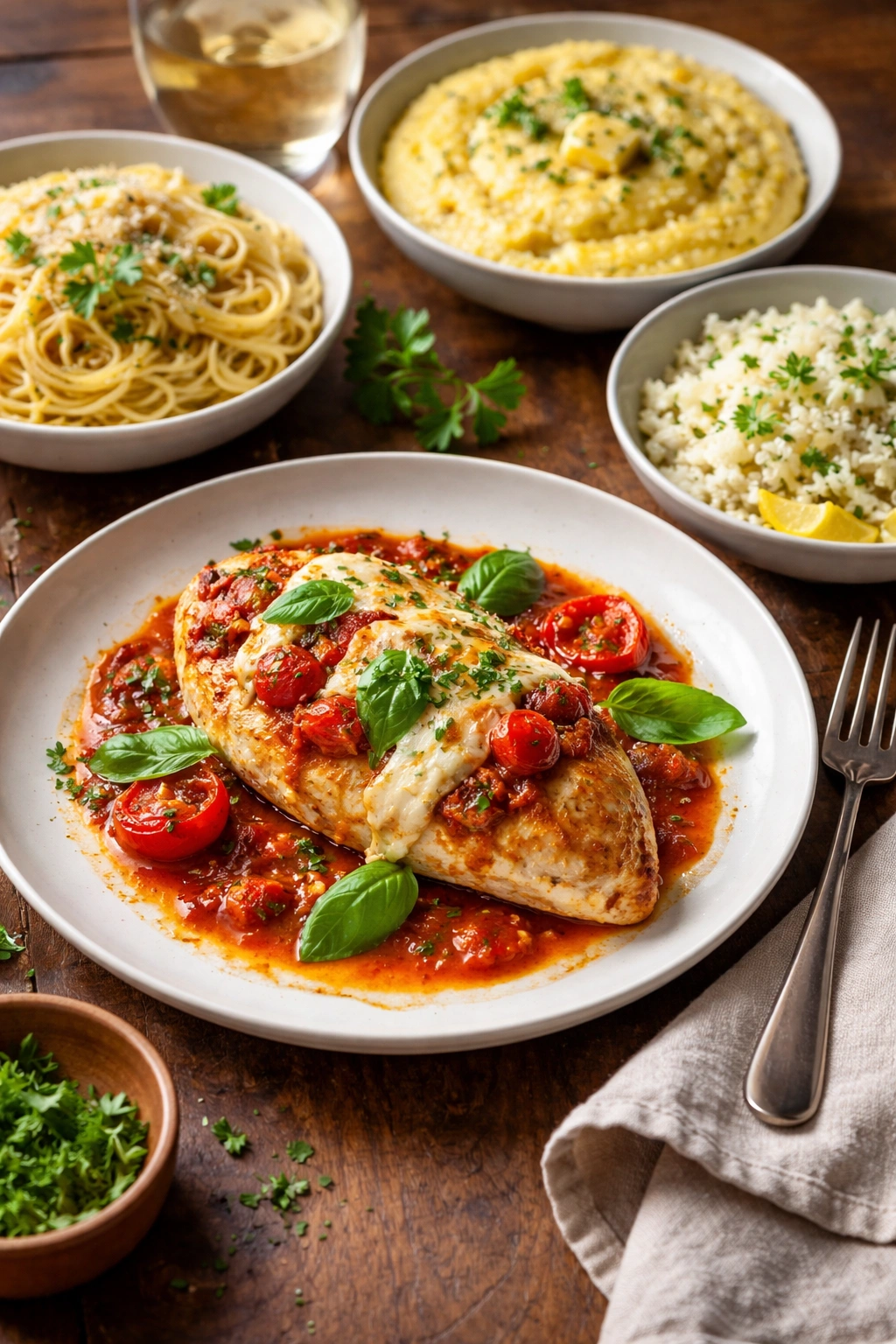 Elegant plated Chicken Breast Tomato Bake with light sauce drizzle
