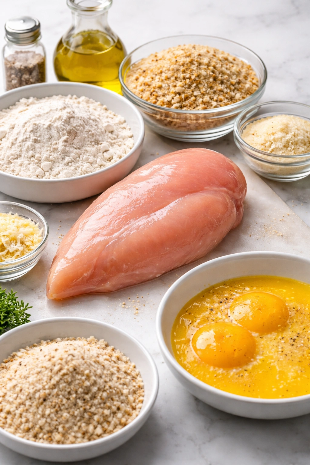 Boneless skinless chicken breast ready for breading
